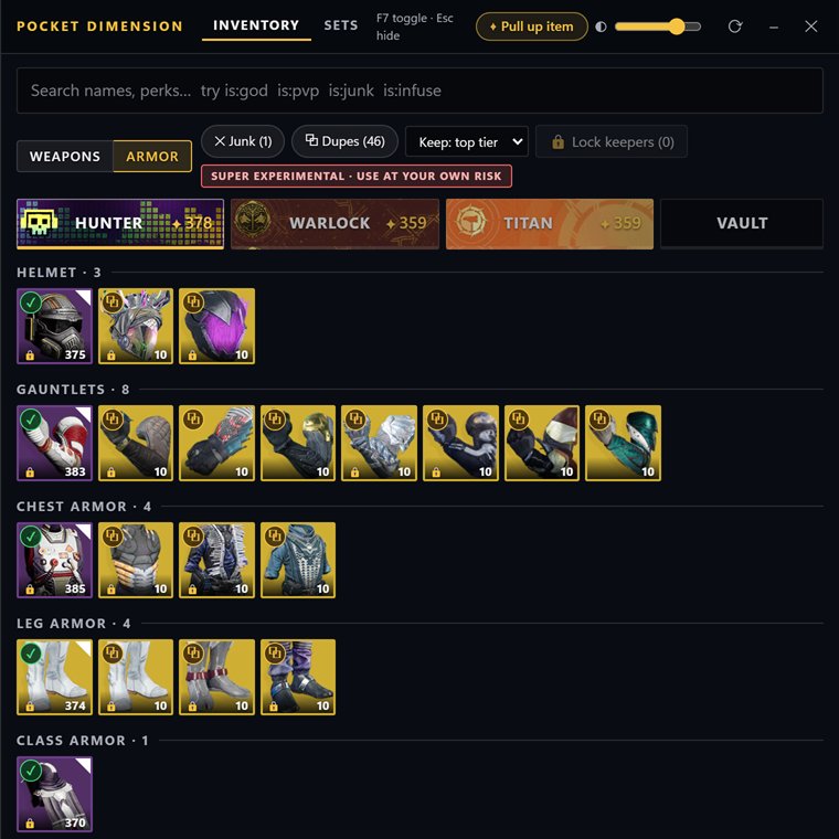The armor view: each piece badged keep or duplicate, sorted by slot.