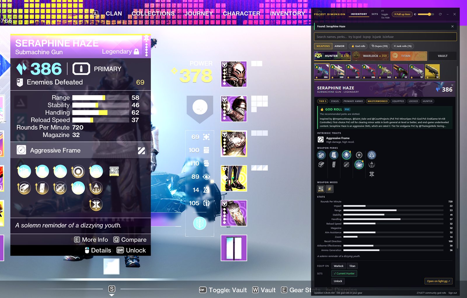 In game, hovering a submachine gun in the inventory: after F8 the overlay shows Found: Seraphine Haze with its full card, marked God Roll for PvE.